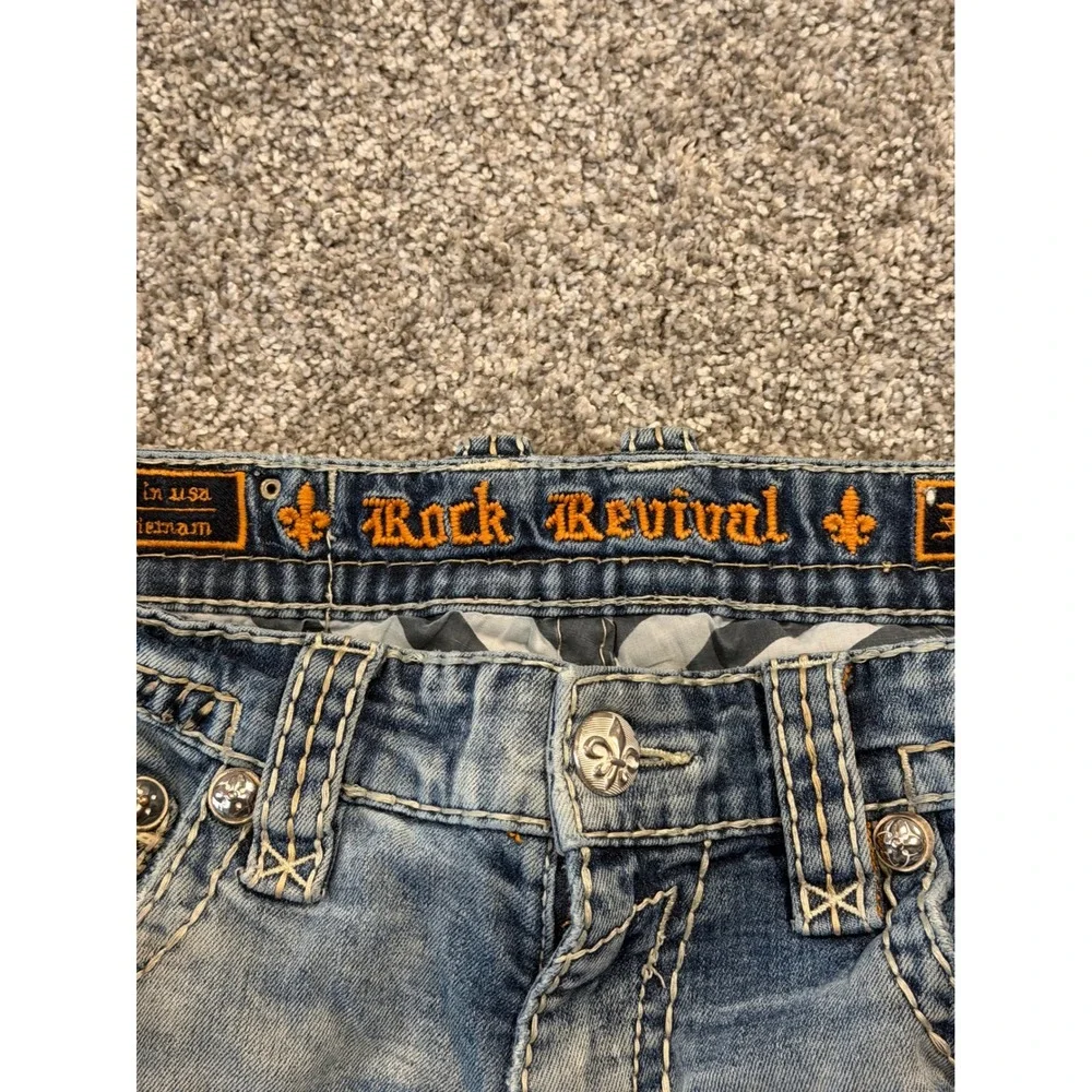Rock Revival Jeans Men 34 Blue Owen Boot Distressed Ripped Embroidered EP9657BL*